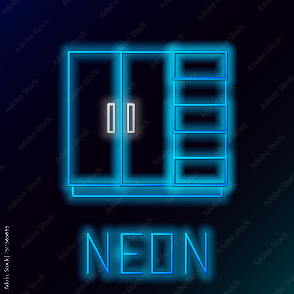 Glowing neon line Wardrobe icon isolated on black background. Colorful outline concept. Vector Glowing neon line Wardrobe icon isolated on black background. Colorful outline concept. Vector