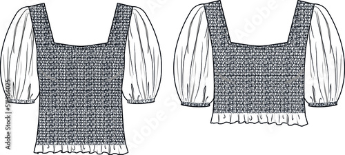 Vector shor sleeved top with gathering details fashion CAD, woman cropped square neck blouse with frill details technical drawing, template, mock up, sketch. Blouse flat, front, back view, white color