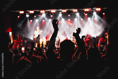 Silhouette of man with raised hands on music concert