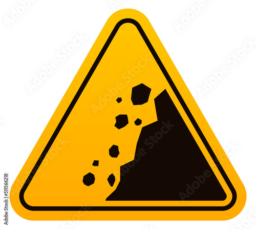 Falling rock danger label. Yellow caution sign