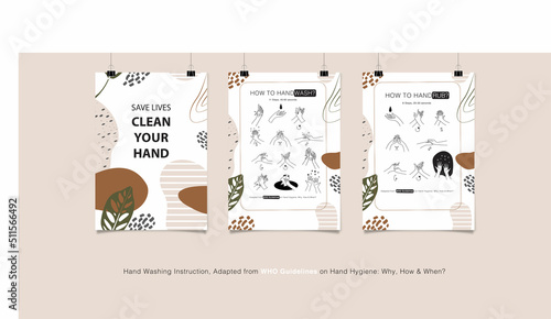 Hand Washing and Scrubbing Tutorial Step by Step Based on WHO Guidelines with abstract organic shaped ornament background