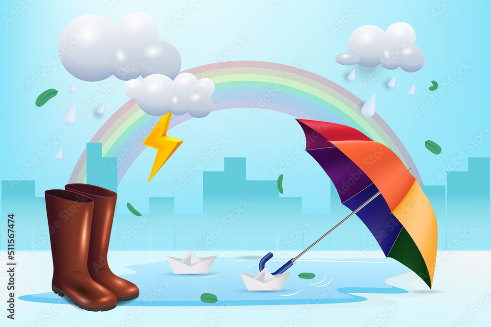 Happy monsoon season background. rainbow, umbrella clouds, thunder