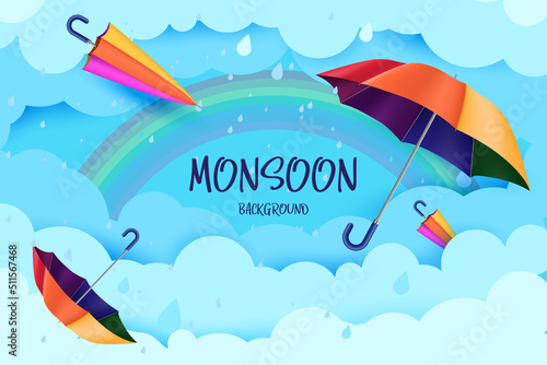 Happy monsoon season background. rainbow, umbrella clouds, thunder, paper boat and rain shoes 