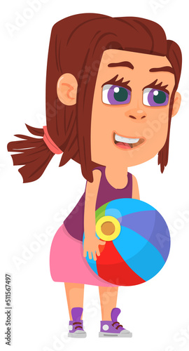 Girl playing with beach ball. Funny kid character photo