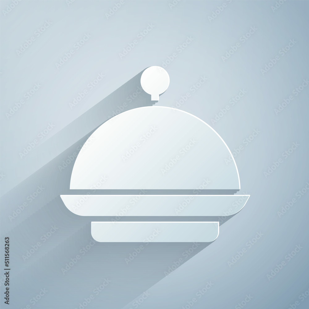 Paper cut Christmas covered with a tray of food icon isolated on grey background. Tray and lid sign. Merry Christmas and Happy New Year. Paper art style. Vector Paper cut Christmas covered with a tray of food icon isolated on grey background. Tray and lid sign. Merry Christmas and Happy New Year. Paper art style. Vector