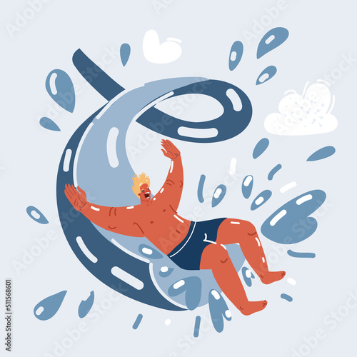 Vector illustration of excited man having fun on water slide in tropical aqua park