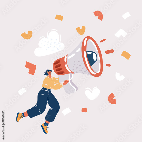 Vector illustration of woman advertiser, marketer spreads information on sites, social networks, flying with a loudspeaker.