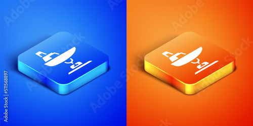 Isometric Swing boat on the playground icon isolated on blue and orange background. Childrens carousel with boat. Amusement icon. Square button. Vector