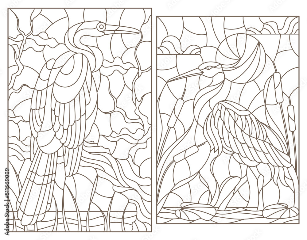 Obraz premium Set of contour illustrations of stained glass Windows with herons on a branch, dark contours on a white background