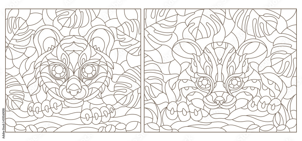 Fototapeta premium Set contour illustrations of stained glass with a tiger on the background of tropical plants, square images, dark contours on white background