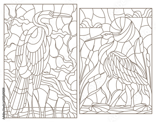 Set of contour illustrations of stained glass Windows with herons on a branch, dark contours on a white background