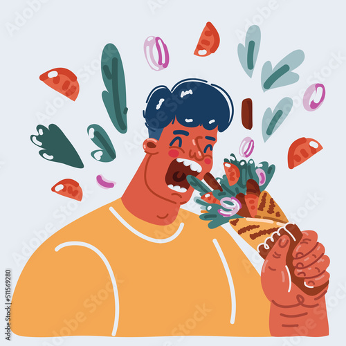 Vector illustration of Young man eating tasty shawarma