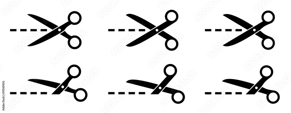 Scissors icon set. Cutting scissors with cut lines symbols. Cut here signs. Isolated. - stock vector - obrazy, fototapety, plakaty 