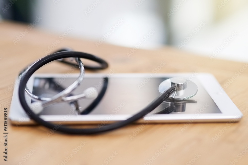 Its important to log your medical history with your practitioner. Cropped shot of a stethoscope on a tablet. Its important to log your medical history with your practitioner. Cropped shot of a stethoscope on a tablet.