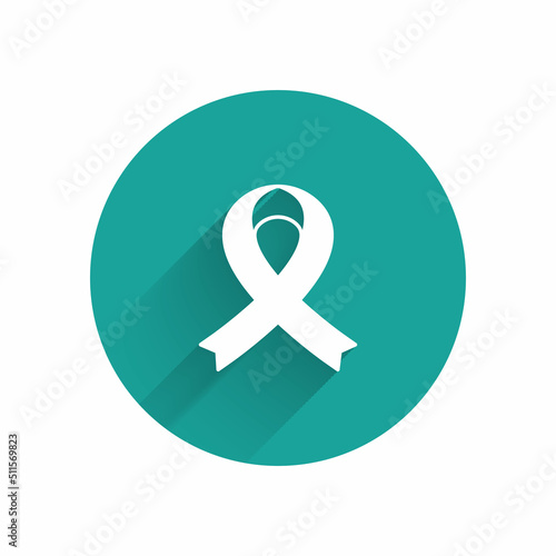 White Awareness ribbon icon isolated with long shadow background. Public awareness to disability, medical conditions and health. Green circle button. Vector