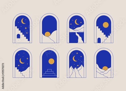 Abstract surreal doors stairs. Minimal boho line arch, landscape, staircase, trendy mystic set. Vector geometric art illustration