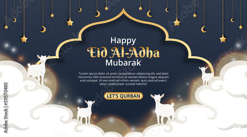 Happy Eid Al Adha Mubarak background with illustration of goats on the sky with Islamic decoration
