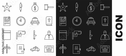Set line Retro audio cassette tape, Lawyer, attorney, jurist, Holy bible book, Money bag, Clock, Lawsuit paper, Hexagram sheriff and Police car and flasher icon. Vector