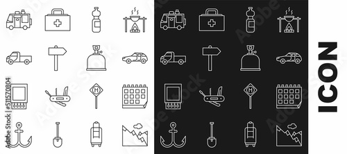 Set line Mountains, Calendar, Car, Bottle of water, Road traffic signpost, Pickup truck, Rv Camping trailer and gas stove icon. Vector