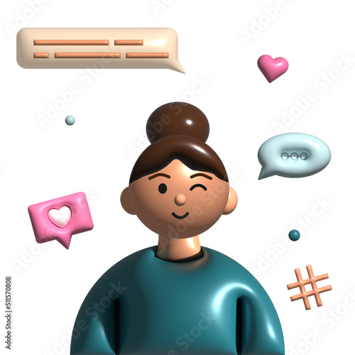 3d girl and communicate elements on white background
