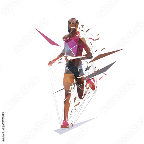 Running woman, front view. Abstract low polygonal isolated vector illustration. Geometric female marathon runner from triangles