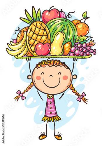 Doodle happy girl holding fresh fruits