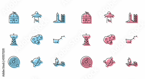Set line Solar system, Satellites orbiting the planet Earth, Astronomical observatory, Mars rover, Asteroid, Great Bear constellation, dish and Planet icon. Vector