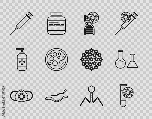 Set line Medical protective mask, Test tube with virus, DNA symbol and, Ebola disease, Syringe, Virus, Bacteria bacteriophage and flask icon. Vector