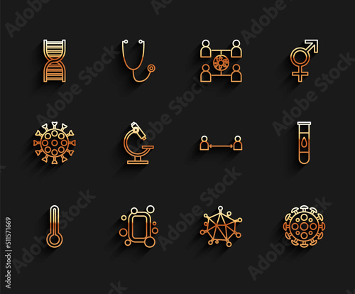 Set line Medical thermometer, Bar of soap, DNA symbol, Virus, Microscope, Blood test and virus and Safe distance icon. Vector