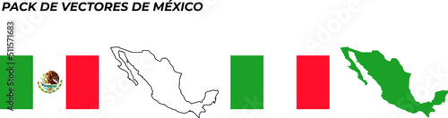 Pack de vectores de México, mapa y bandera.
