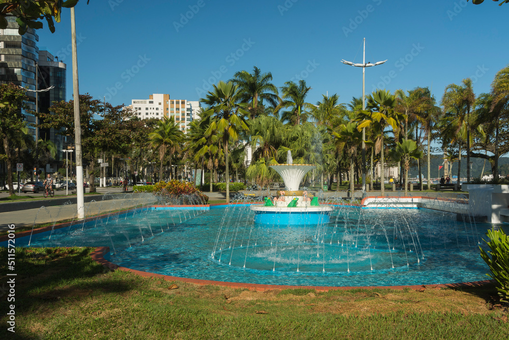 City of Santos, Brazil. Frog Fountain (Fonte do Sapo) and beach gardens.