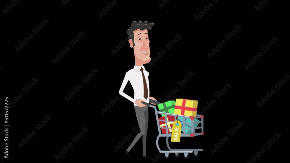 Cartoon male clerk character walking cycle and pushing shopping cart animation with alpha channel Cartoon male clerk character walking cycle and pushing shopping cart animation with alpha channel