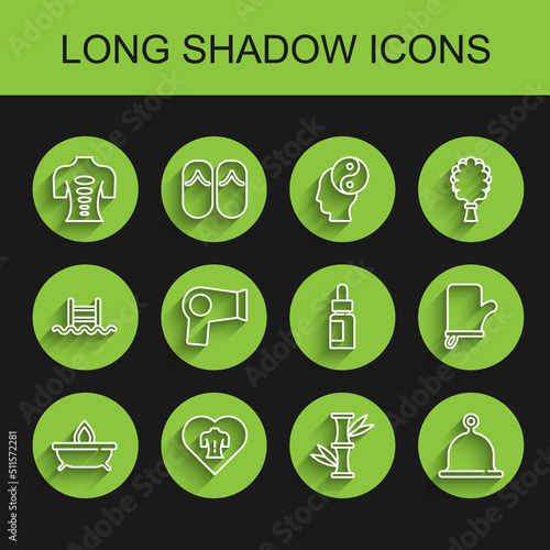 Set line Aroma candle, Massage, stone therapy, Bamboo, Sauna hat, Hair dryer, mittens and Essential oil bottle icon. Vector