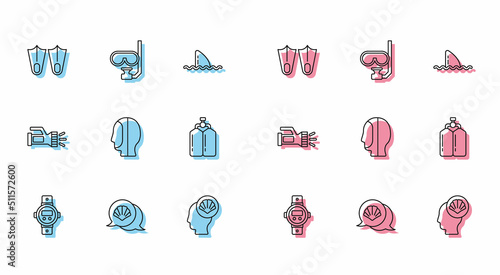 Set line Diving watch, Scallop sea shell, Rubber flippers, hood, Aqualung, Flashlight and mask and snorkel icon. Vector