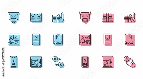 Set line Mobile with dollar, Website growth graph, Bull market, Cryptocurrency exchange, Business finance report, Financial book, Trading courses and Stacks paper money cash icon. Vector