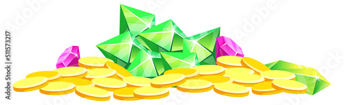Treasure cartoon icon. Gold coins and jewel gems
