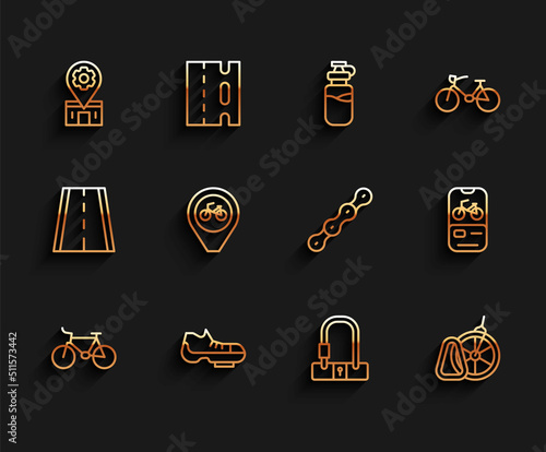 Set line Bicycle, shoes, repair service, lock, parking, Location with bicycle, rental mobile app and chain icon. Vector