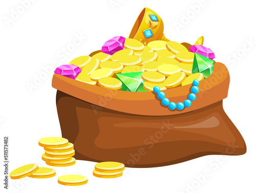 Game trophy icon. Golden money sack. Pirate treasure bag