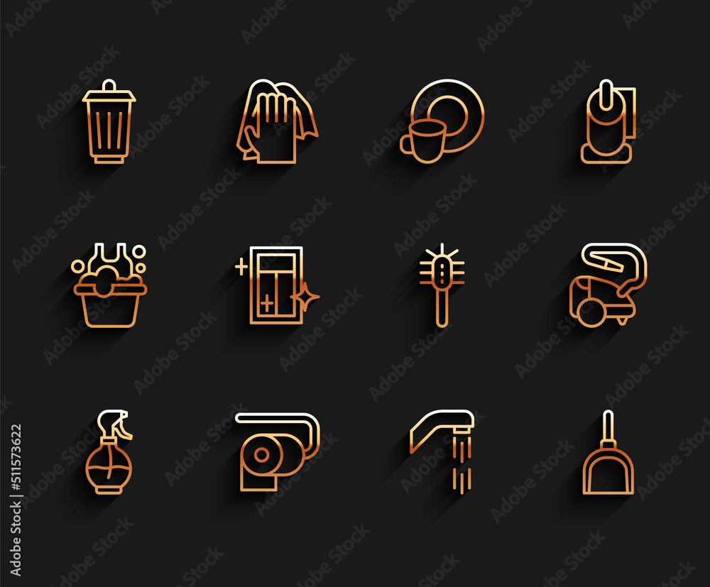 Set line Water spray bottle, Toilet paper roll, Trash can, Shower head, Dustpan, Cleaning service for window, Vacuum cleaner and brush icon. Vector Set line Water spray bottle, Toilet paper roll, Trash can, Shower head, Dustpan, Cleaning service for window, Vacuum cleaner and brush icon. Vector