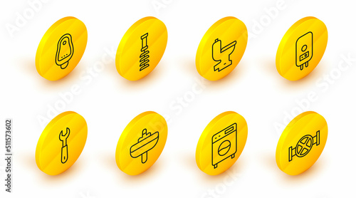 Set line Industry pipe and valve, Washer, Washbasin, Wrench spanner, Electric boiler, Toilet bowl, brush and urinal or pissoir icon. Vector