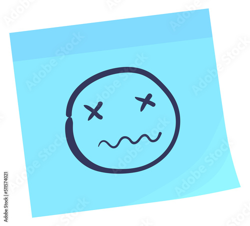 Foto Blue sticky note with dead face doodle. Emoji drawing sticker