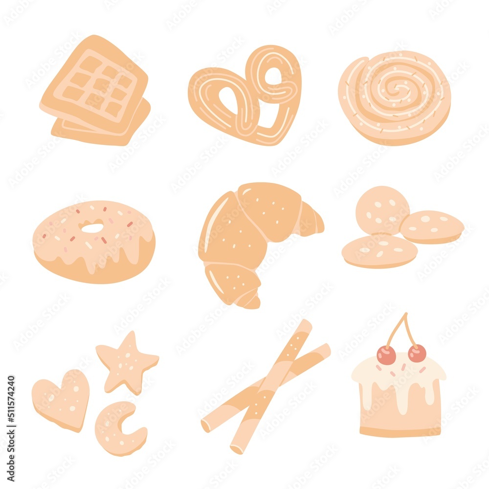 Pastry baked desserts elements. Vector set.