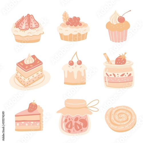 Cupcakes bakery desserts vector set.
