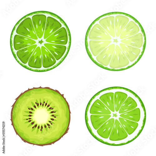 Kiwi and lime fruit slices isolated on a white background. Vector illustration