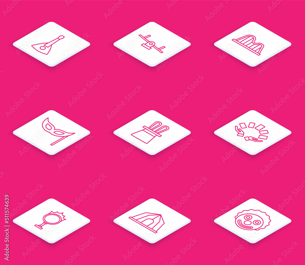 Set line Balalaika, Seesaw, Roller coaster, Festive mask, Magician hat and rabbit ears, Hand holding playing cards, Circus fire hoop and tent icon. Vector Set line Balalaika, Seesaw, Roller coaster, Festive mask, Magician hat and rabbit ears, Hand holding playing cards, Circus fire hoop and tent icon. Vector