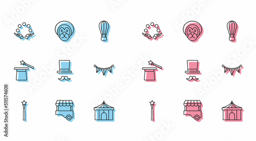 Set line Magic wand, Fast street food cart, Juggling ball, Circus tent, Magician, Carnival garland with flags, hat and Wild lion icon. Vector