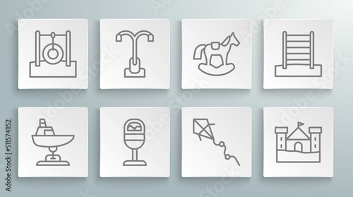 Set line Swing boat, Street light, Trash can, Kite, Sand castle, Horse saddle swing, Swedish wall and Car tire hanging on rope icon. Vector