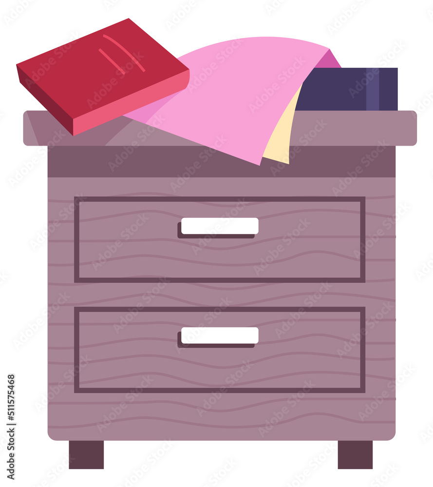Nightstand with books. Wooden bedroom side table with drawers Nightstand with books. Wooden bedroom side table with drawers