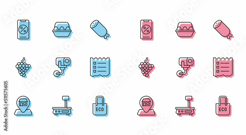 Set line Location Market store, Electronic scales, Percent discount and mobile, Shopping bag with recycle, Security camera, list, Grape fruit and Chicken egg box icon. Vector