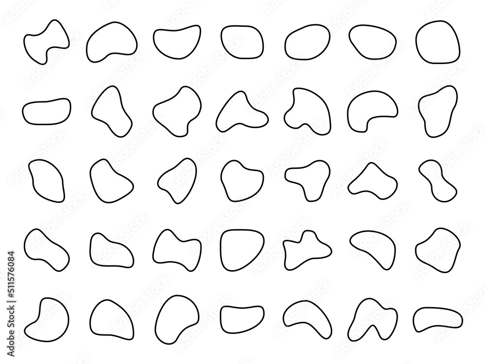 Blob round line shapes set. Abstract liquid black linear elements collection. Inkblot outline symbols group. Random circular fluid geometric forms. Vector illustration isolated on white. Blob round line shapes set. Abstract liquid black linear elements collection. Inkblot outline symbols group. Random circular fluid geometric forms. Vector illustration isolated on white.